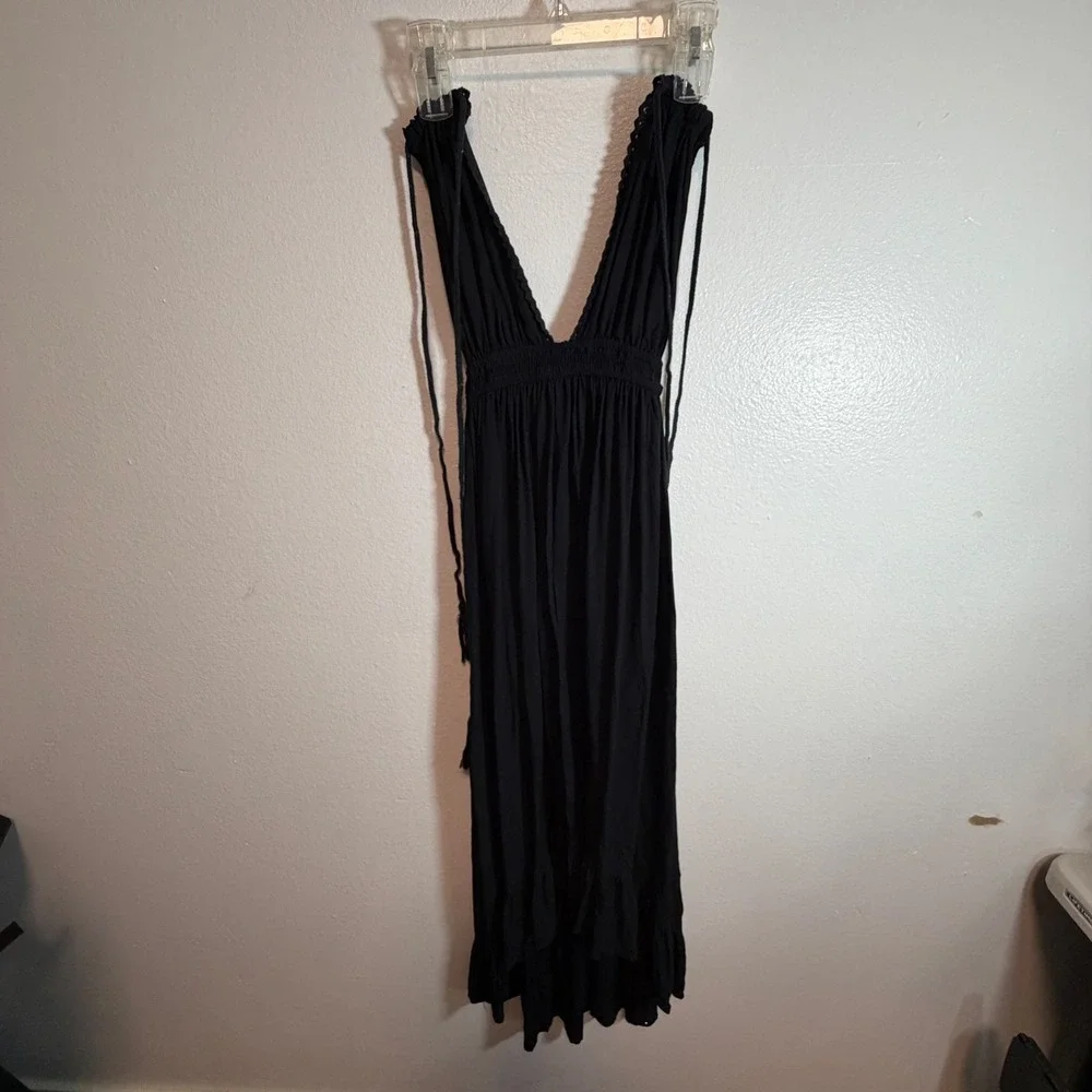 Free People Black Boho Hi Low Maxi Dress Lace Tassel Smocked Waist XS